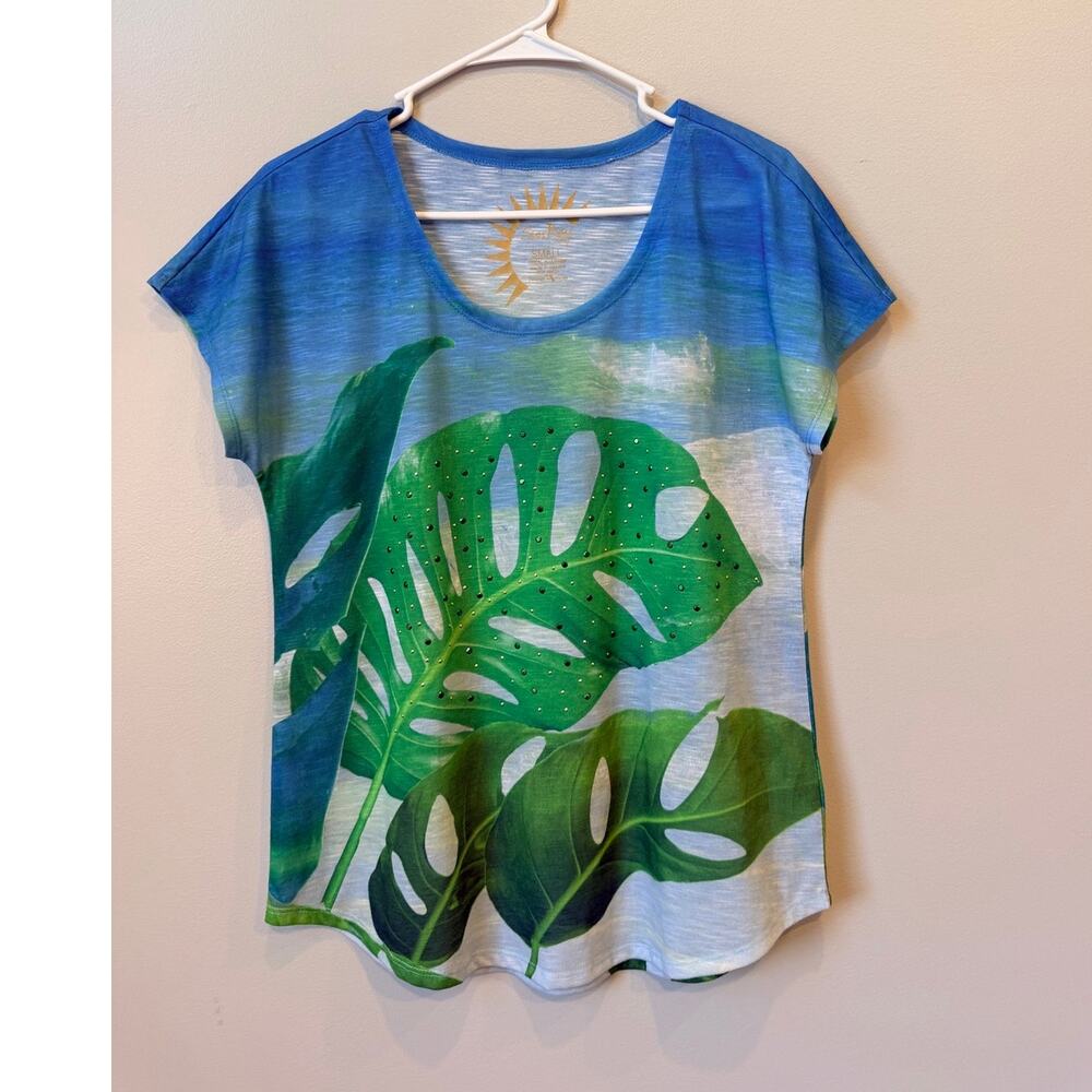 SunBay Resort Tropical Monstera Palm Leaf Rhinestone Slub Tee Size Small